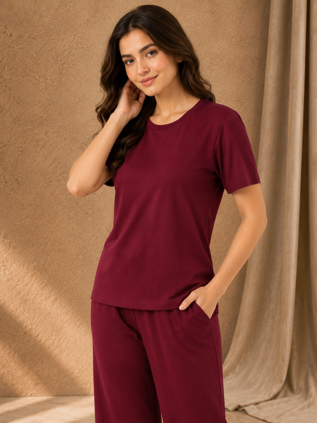 Karavya Wine Comfort Cotton Night Suit for Women