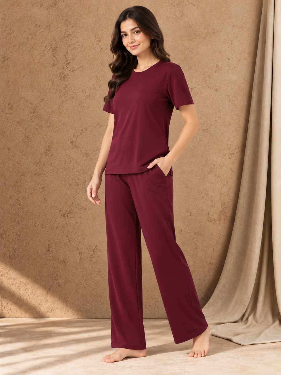 Karavya Wine Comfort Cotton Night Suit for Women