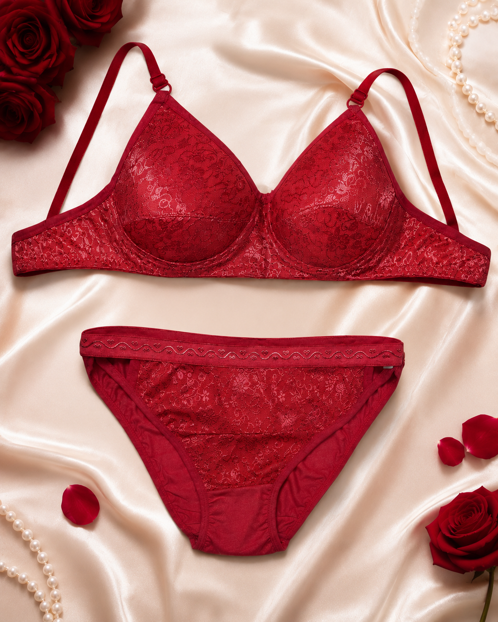 Karavya Ruby Red Textured Lingerie Set