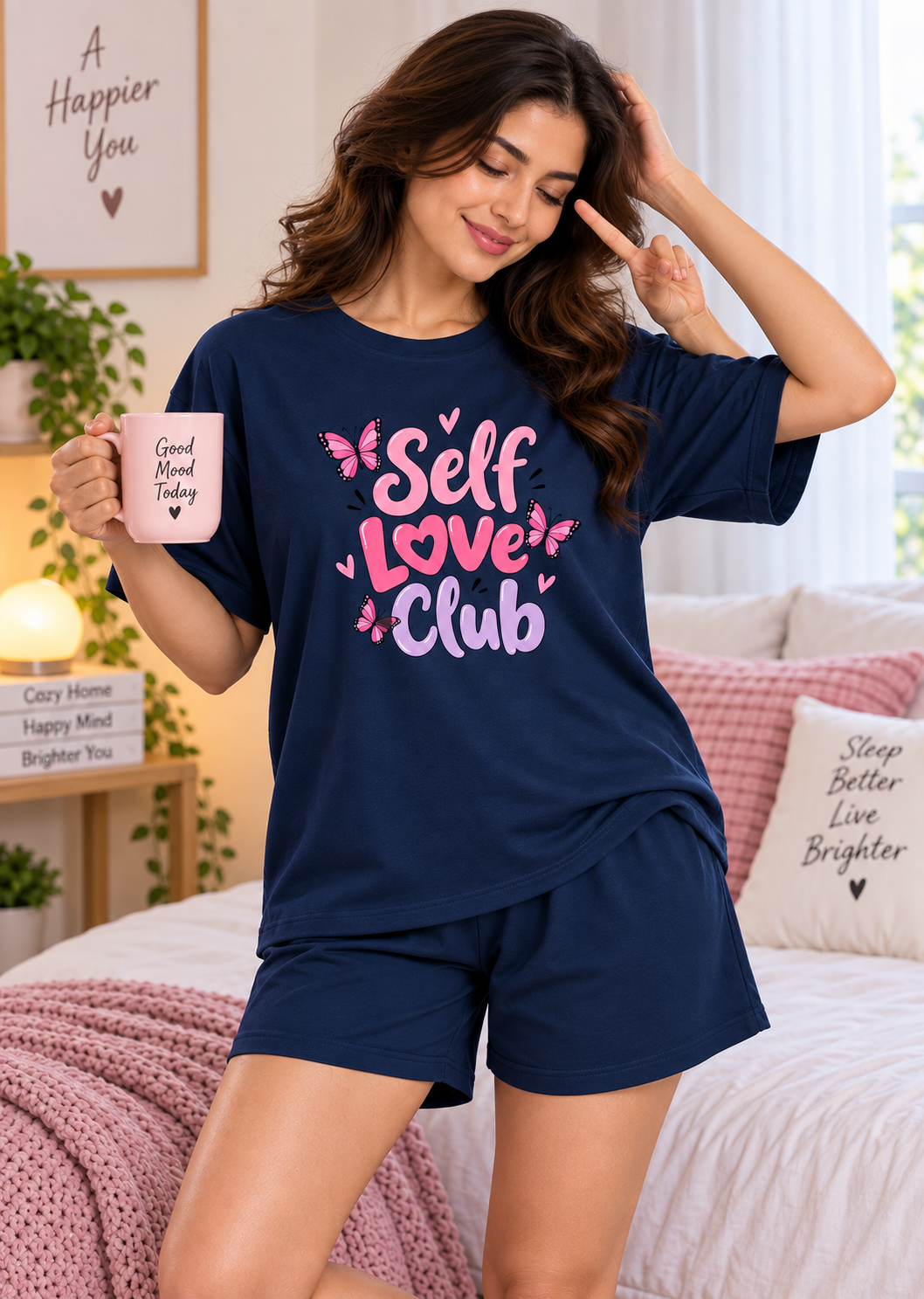 Karavya Navy Self Love Club Printed Women’s T-Shirt & Shorts Nightwear Set