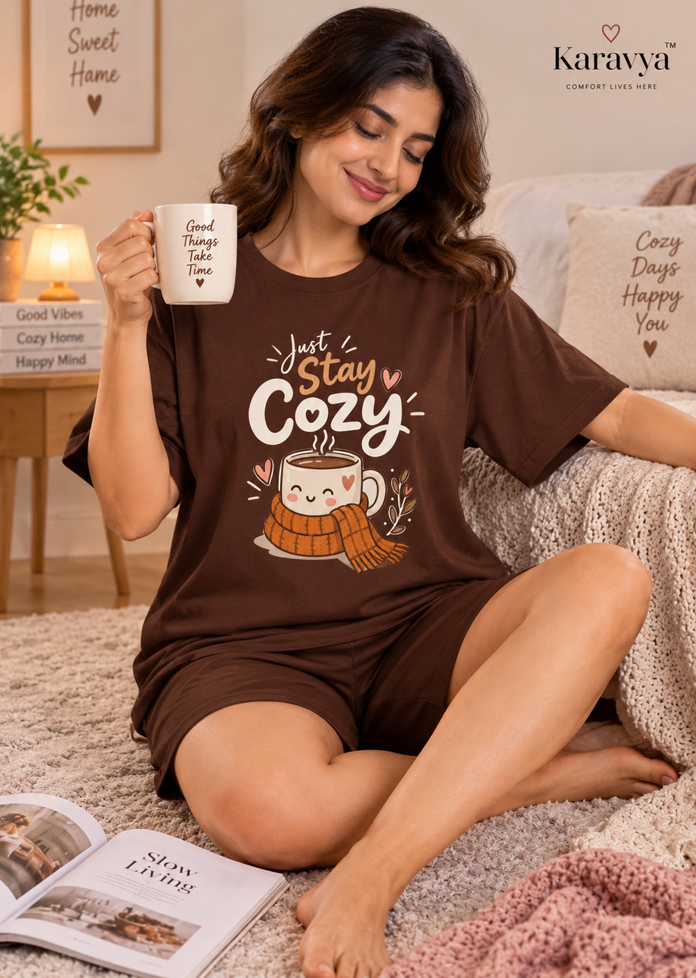 Karavya Coffee Brown Stay Cozy Printed Women’s T-Shirt & Shorts Nightwear Set