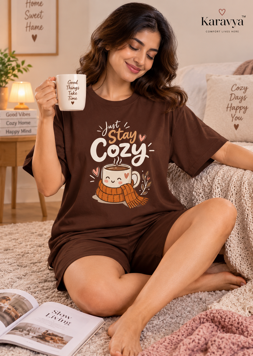 Karavya Coffee Brown Stay Cozy Printed Women’s T-Shirt & Shorts Nightwear Set