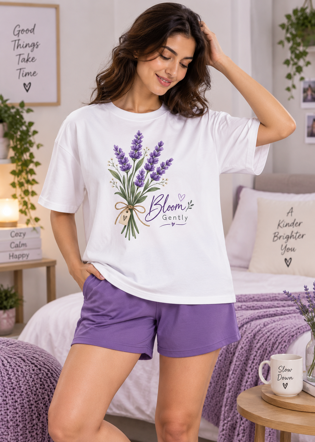 Karavya White Bloom Gently Floral Printed Women’s T-Shirt & Lavender Shorts Nightwear Set