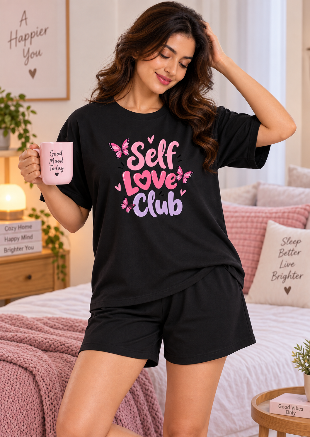 Karavya Black Self Love Club Printed Women’s T-Shirt & Shorts Nightwear Set