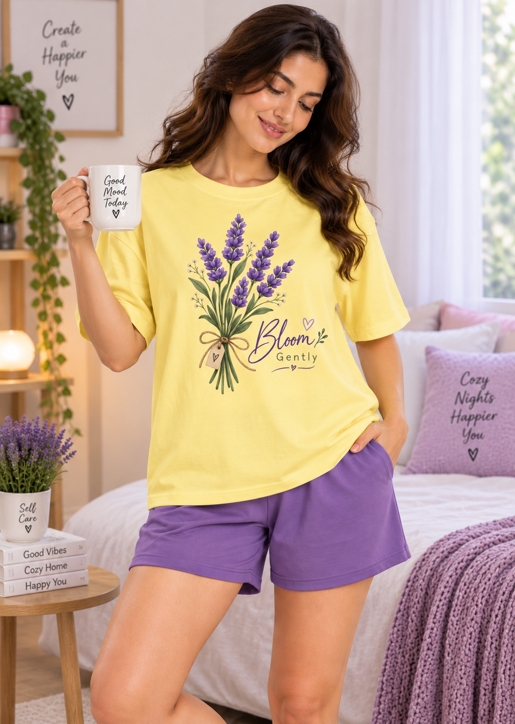 Karavya Yellow Bloom Gently Floral Printed Women’s T-Shirt & Lavender Shorts Nightwear Set