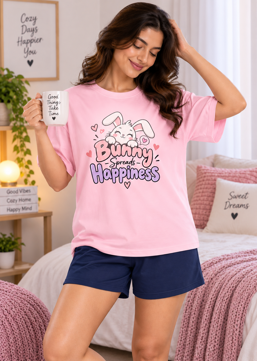 Karavya Pink Bunny Spreads Happiness Printed Women’s T-Shirt & Navy Shorts Nightwear Set