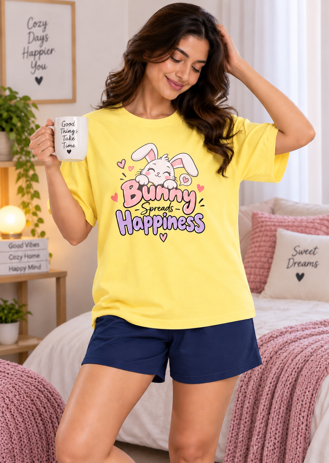 Karavya Yellow Bunny Spreads Happiness Printed Women’s T-Shirt & Navy Shorts Nightwear Set