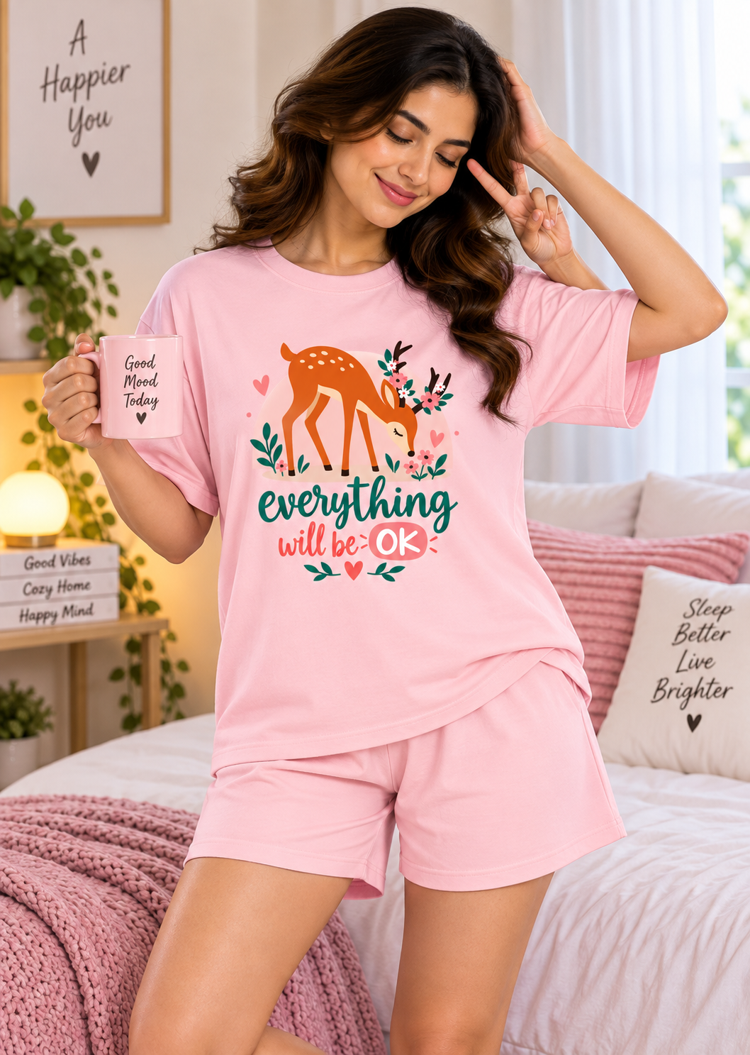 Karavya Pink Everything Will Be OK Printed Women’s T-Shirt & Shorts Nightwear Set