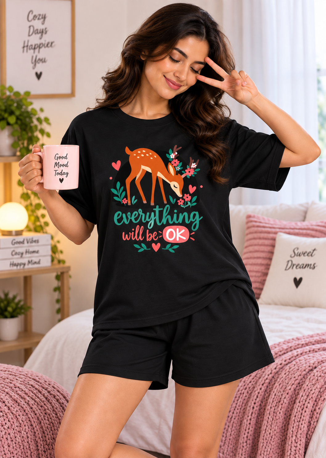 Karavya Black Everything Will Be OK Printed Women’s T-Shirt & Shorts Nightwear Set