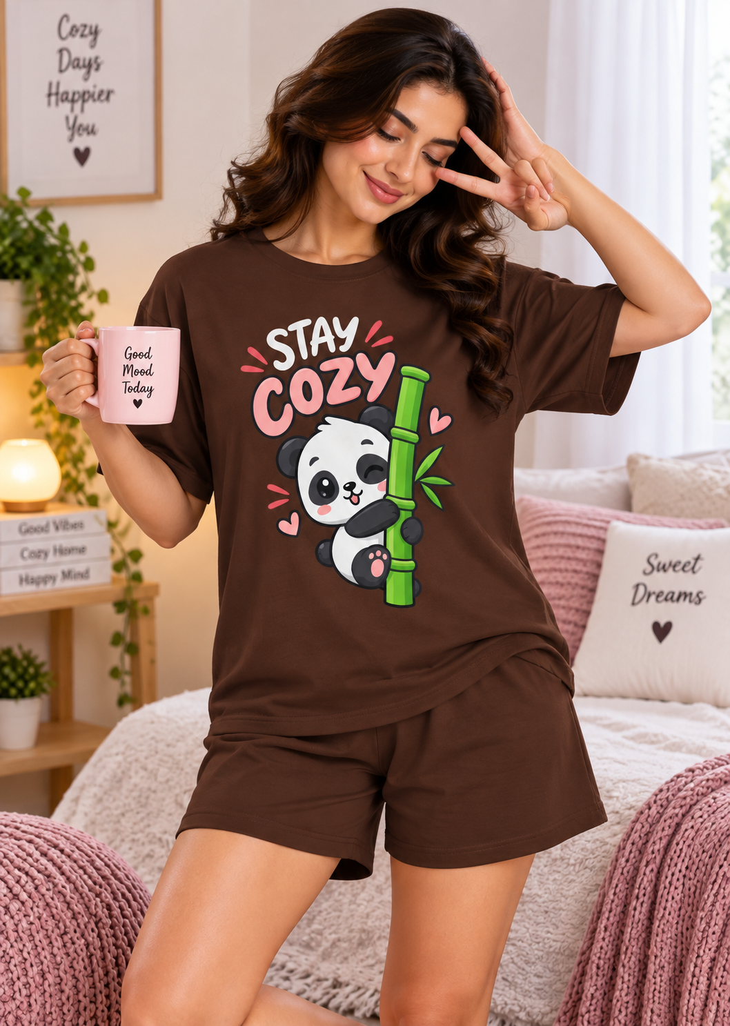 Karavya Coffee Brown Stay Cozy Panda Printed Women’s T-Shirt & Shorts Nightwear Set
