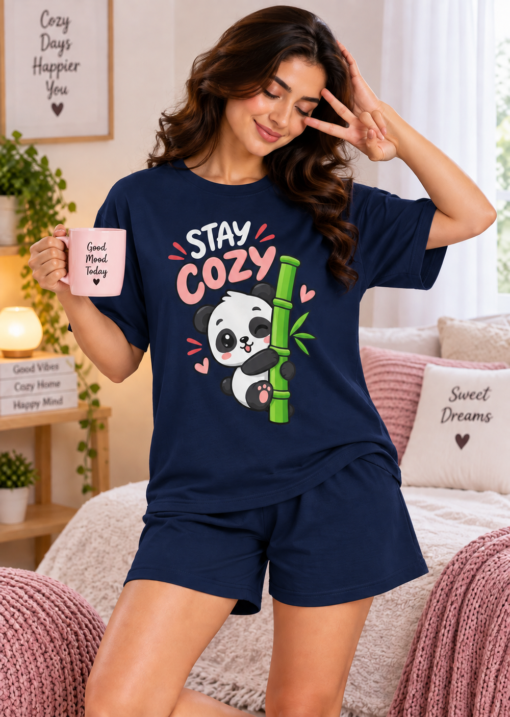 Karavya Navy Stay Cozy Panda Printed Women’s T-Shirt & Shorts Nightwear Set