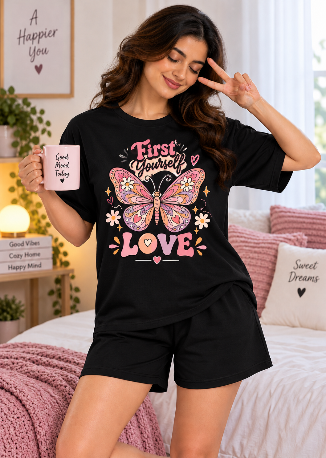 Karavya Black Butterfly Love Printed Women’s T-Shirt & Shorts Nightwear Set