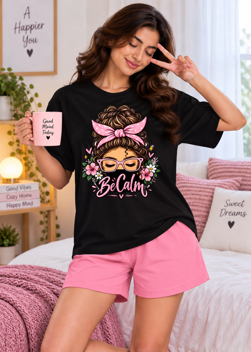 Karavya Black Be Calm Printed Women’s T-Shirt & Pink Shorts Nightwear Set