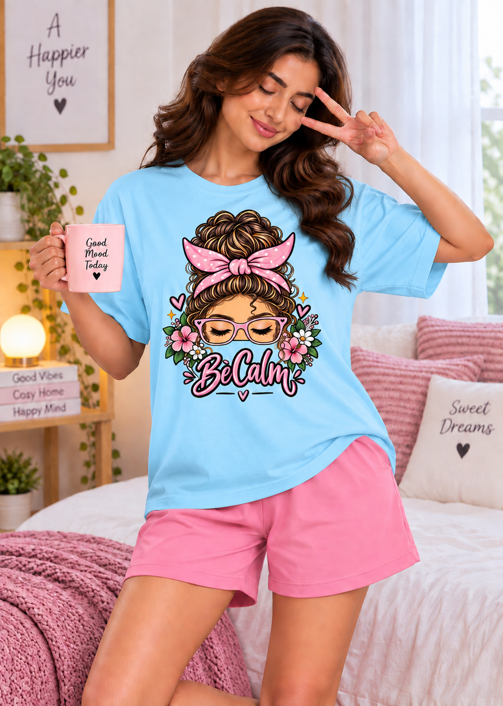 Karavya Cyan Be Calm Printed Women’s T-Shirt & Pink Shorts Nightwear Set