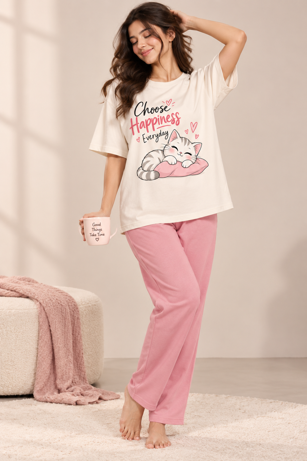 Karavya Women’s Cream Choose Happiness Graphic Oversized T-Shirt & Pink Pajama Nightwear Set