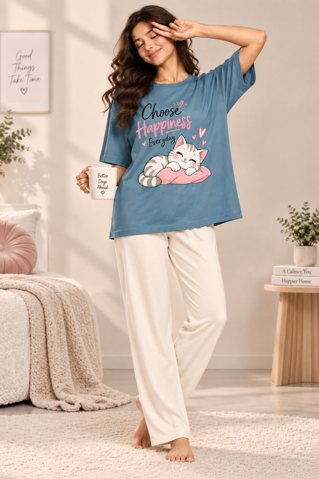 Karavya Women’s Blue Choose Happiness Graphic Oversized T-Shirt & Cream Pajama Nightwear Set
