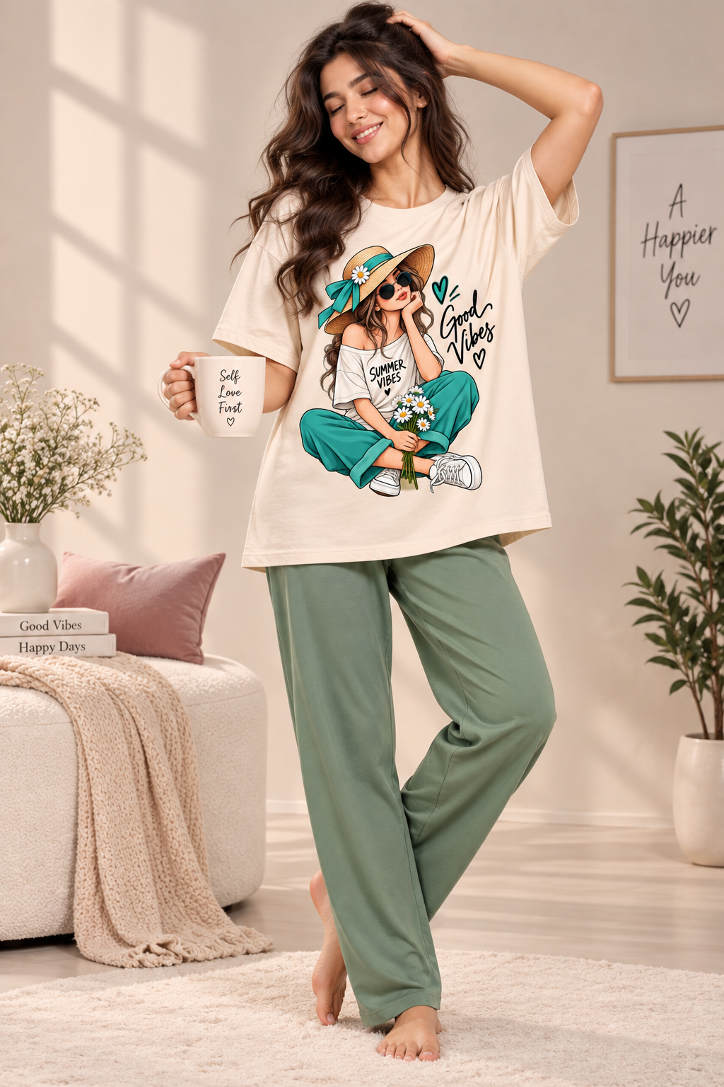 Karavya Women’s Cream Good Vibes Graphic Oversized T-Shirt & Sage Green Pajama Nightwear Set