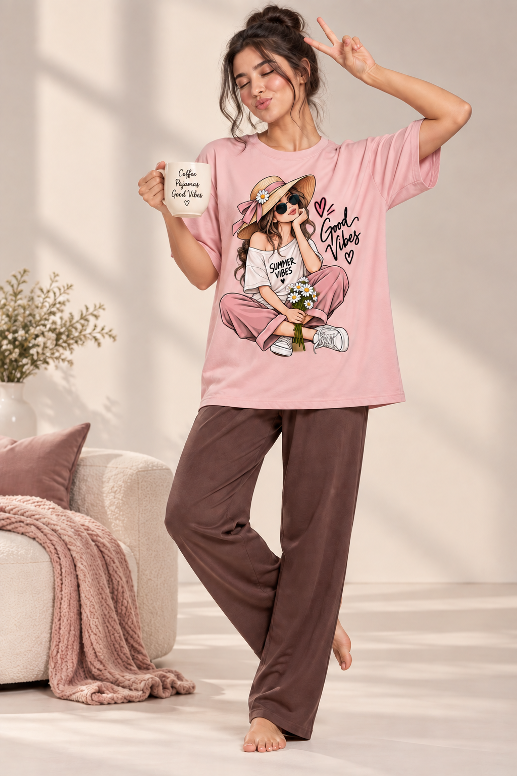 Karavya Women’s Pink Good Vibes Graphic Oversized T-Shirt & Coffee Brown Pajama Nightwear Set