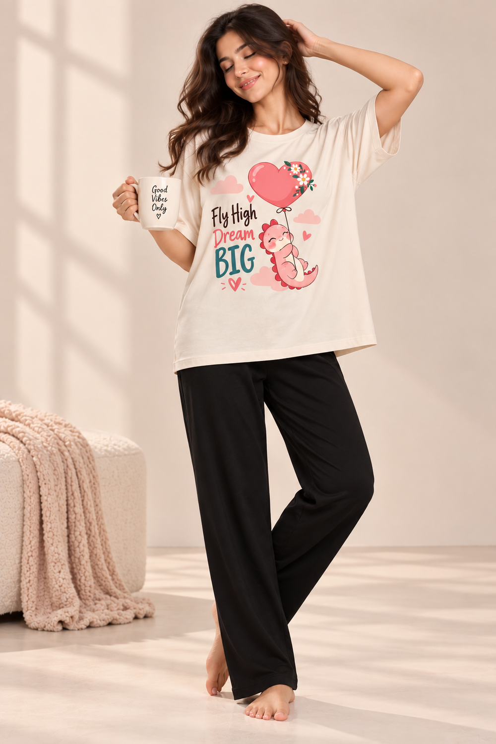 Karavya Women’s Cream Fly High Dream Big Graphic Oversized T-Shirt & Black Pajama Nightwear Set