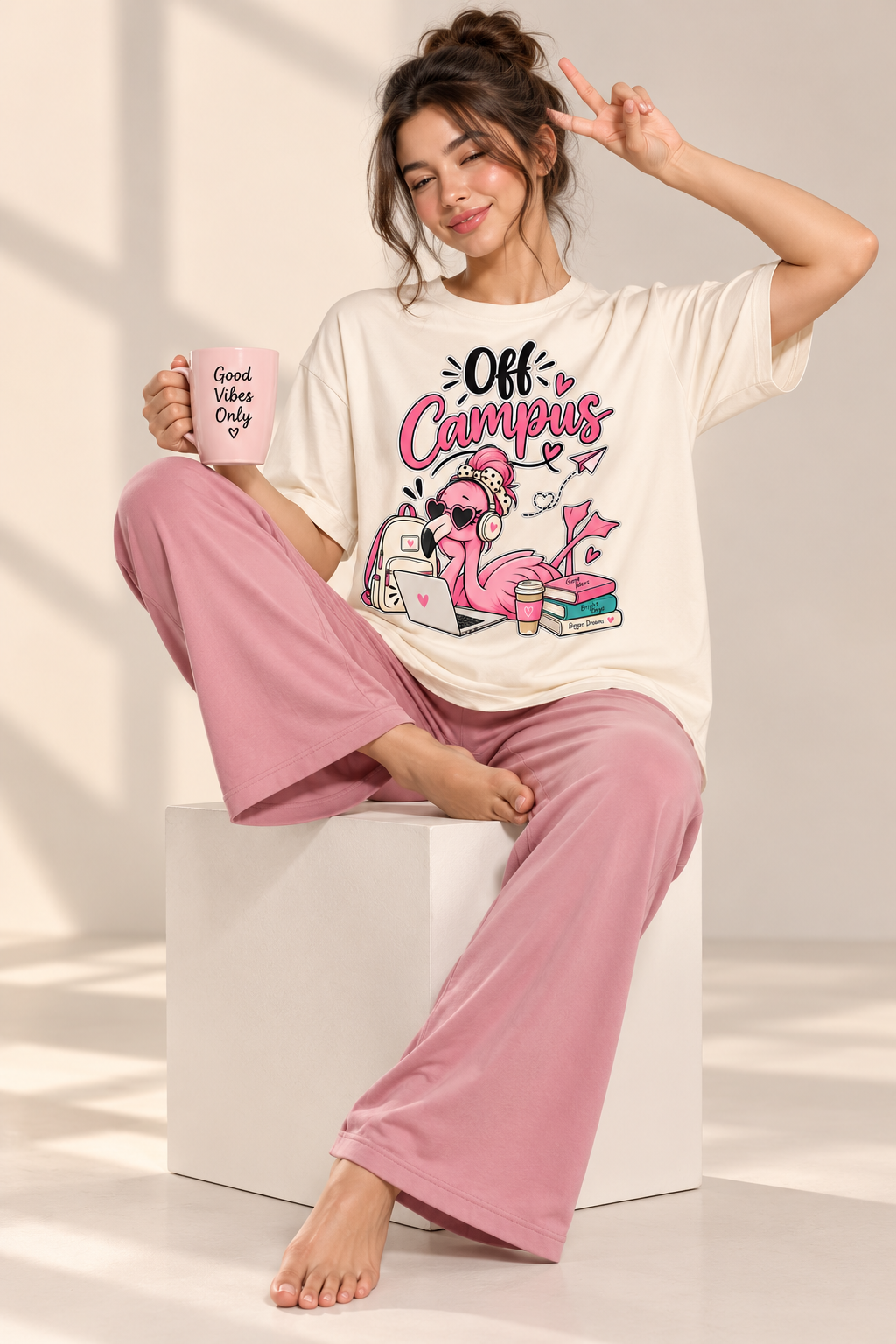 Karavya Women’s Cream Off Campus Graphic Oversized T-Shirt & Pink Pajama Nightwear Set
