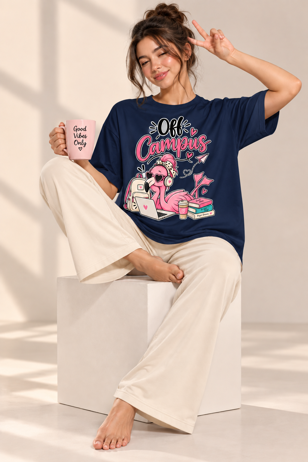 Karavya Women’s Navy Blue Off Campus Graphic Oversized T-Shirt & Cream Pajama Nightwear Set
