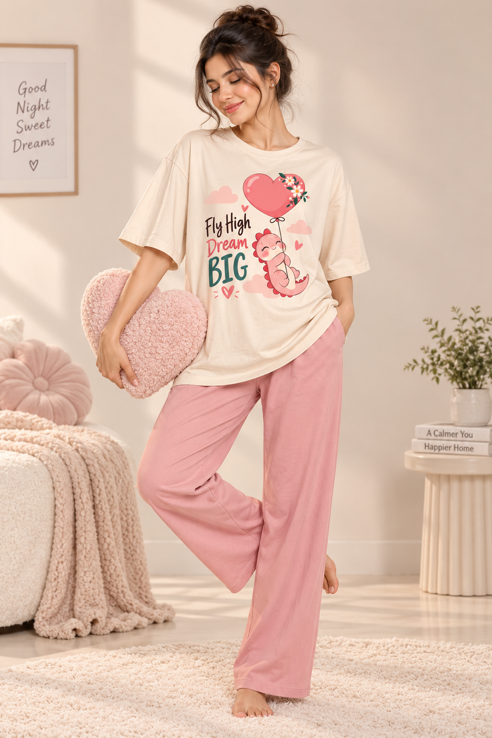 Karavya Women’s Cream Fly High Dream Big Graphic Oversized T-Shirt & Pink Pajama Nightwear Set