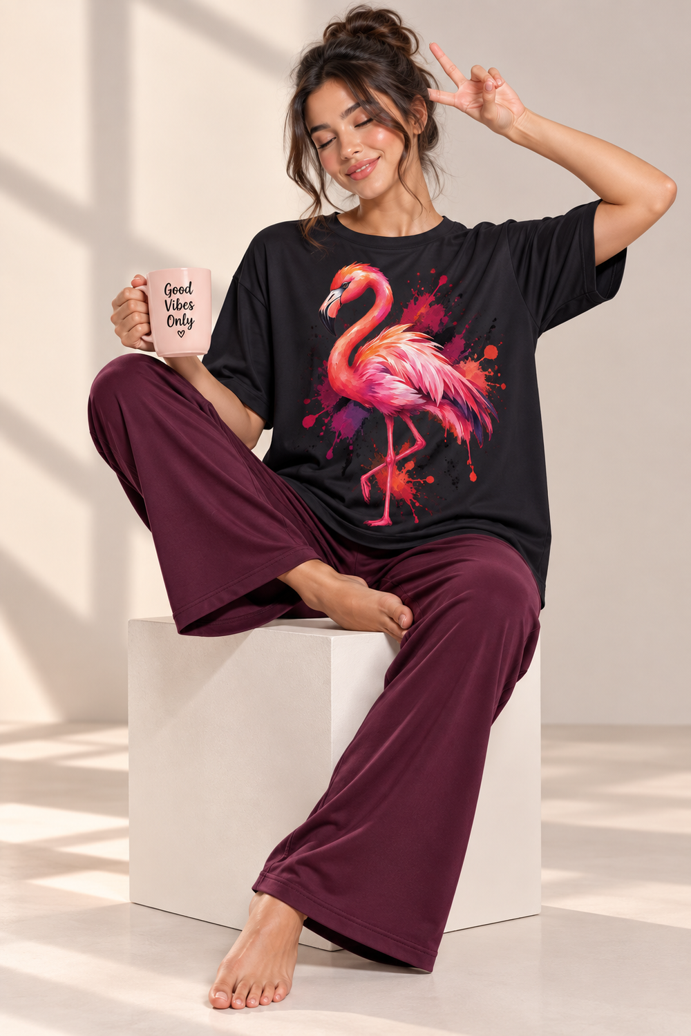 Karavya Women’s Black Flamingo Graphic Oversized T-Shirt & Wine Pajama Nightwear Set