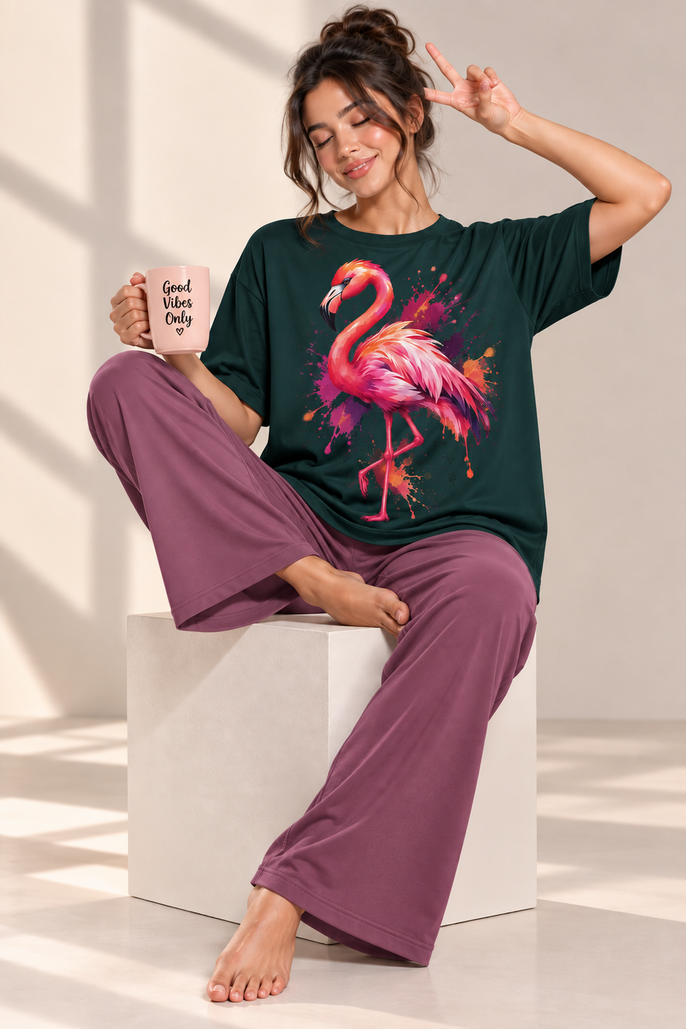 Karavya Women’s Bottle Green Flamingo Graphic Oversized T-Shirt & Mauve Pajama Nightwear Set