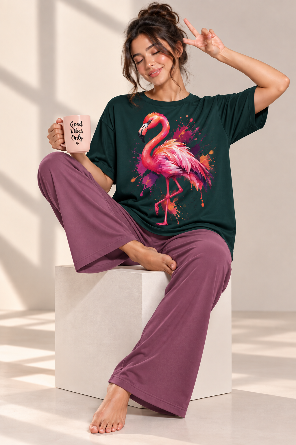 Karavya Women’s Bottle Green Flamingo Graphic Oversized T-Shirt & Mauve Pajama Nightwear Set