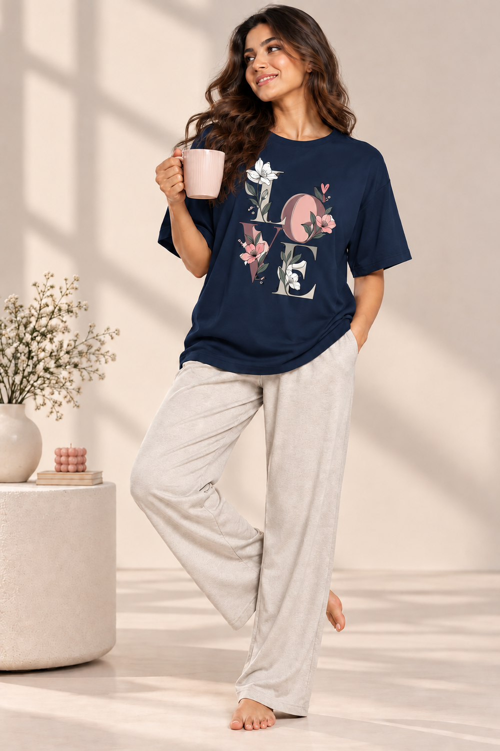 Karavya Women’s Navy Blue Floral LOVE Graphic Oversized T-Shirt & Cream Pajama Nightwear Set