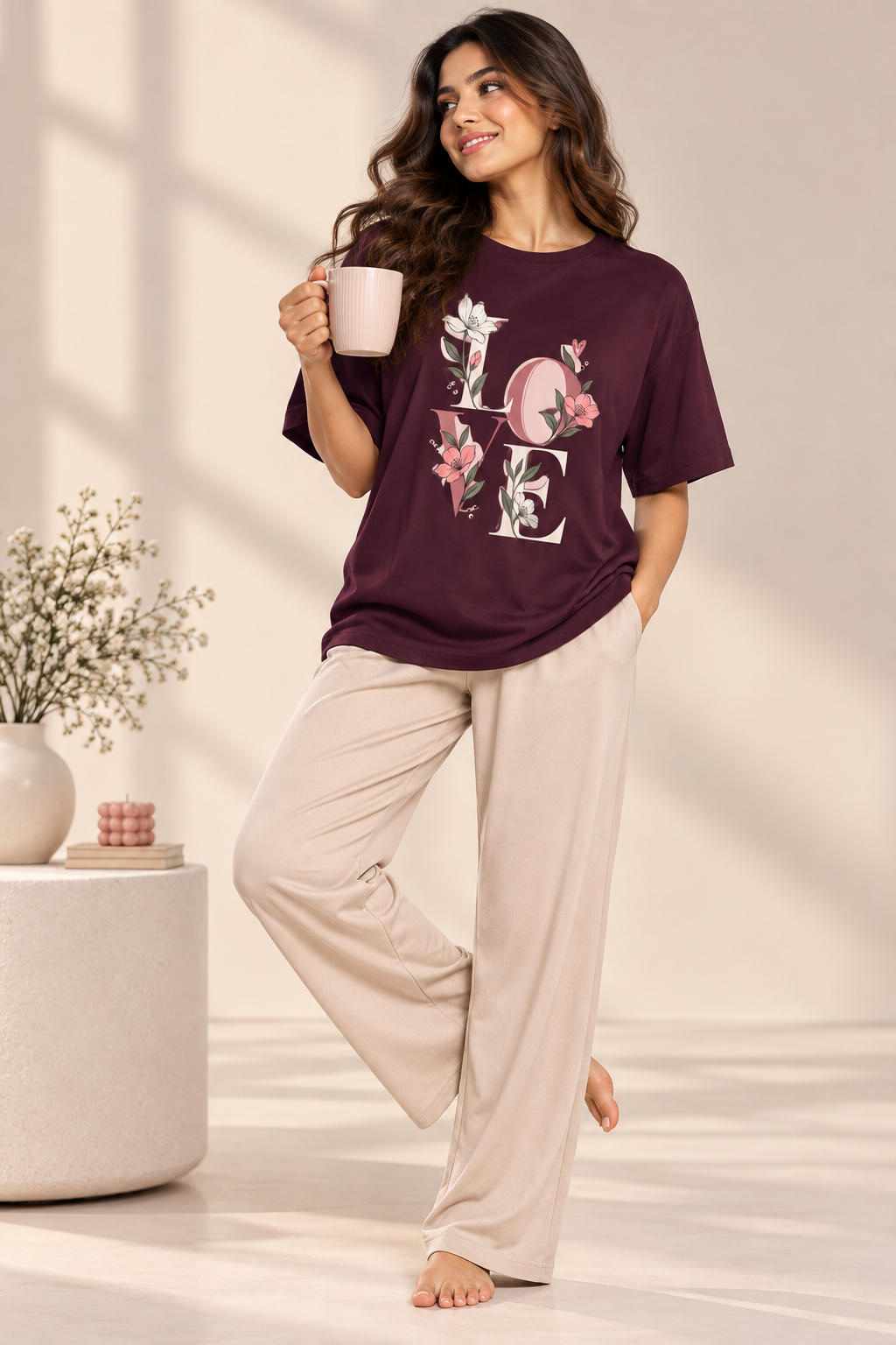 Karavya Women’s Wine Floral LOVE Graphic Oversized T-Shirt & Cream Pajama Nightwear Set