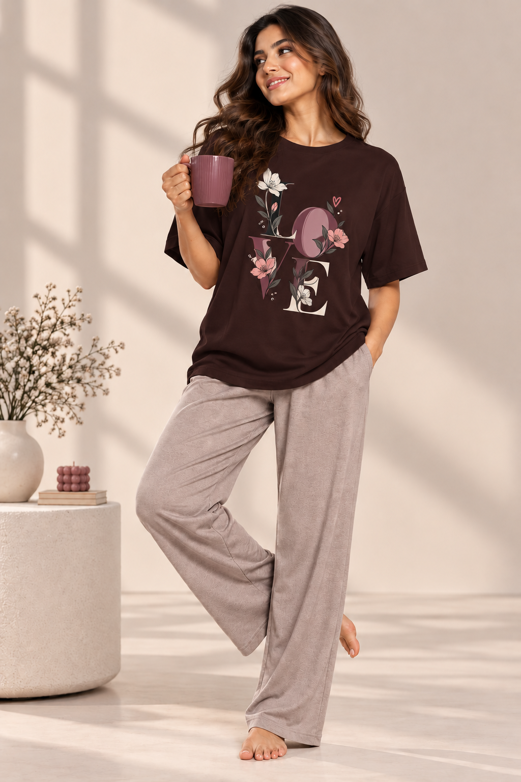 Karavya Women’s Coffee Brown Floral LOVE Graphic Oversized T-Shirt & Taupe Grey Pajama Nightwear Set