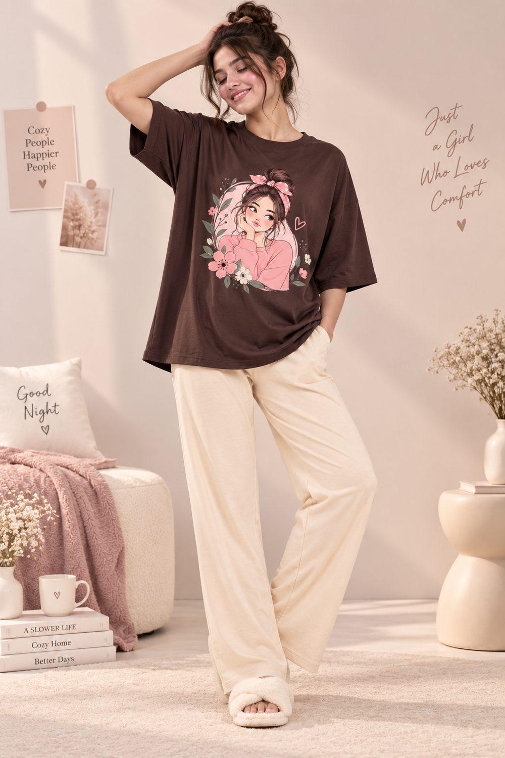 Karavya Women’s Girl Graphic Oversized T-Shirt & Full-Length Pajama Nightwear Set