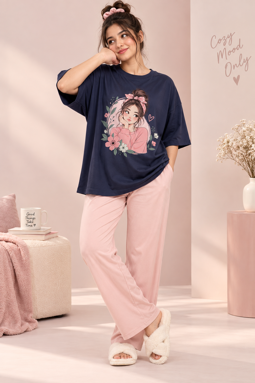 Karavya Women’s Girl Graphic Oversized T-Shirt & Full-Length Pajama Nightwear Set