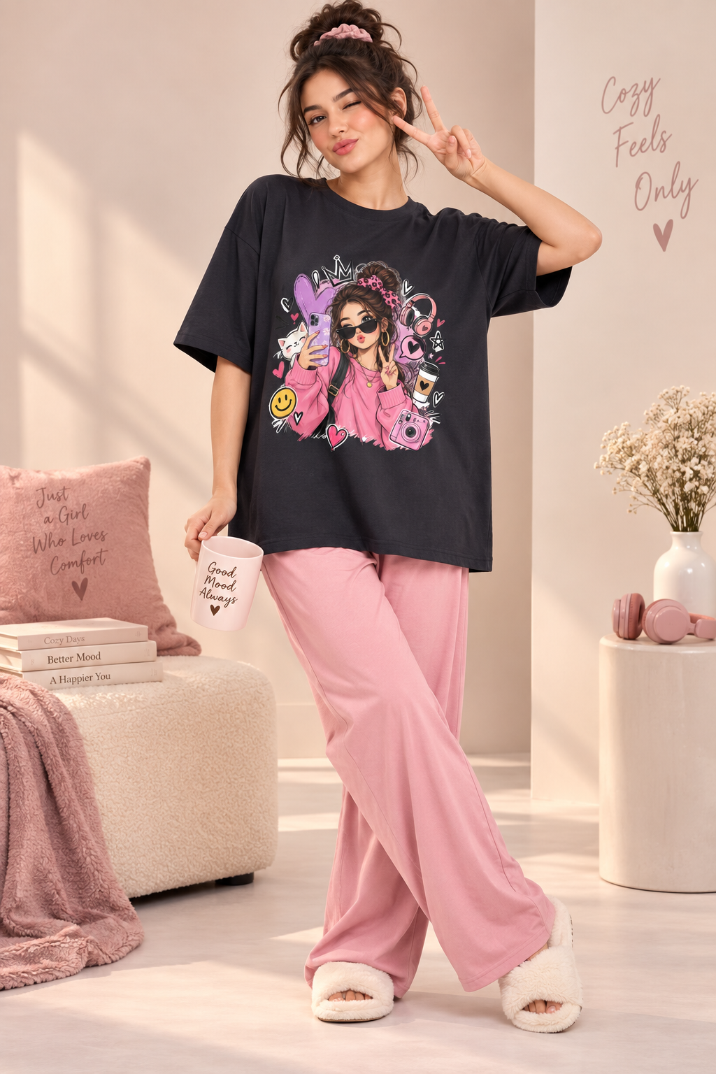 Karavya Women’s Black Girl Vibes Graphic Oversized T-Shirt & Pink Pajama Nightwear Set
