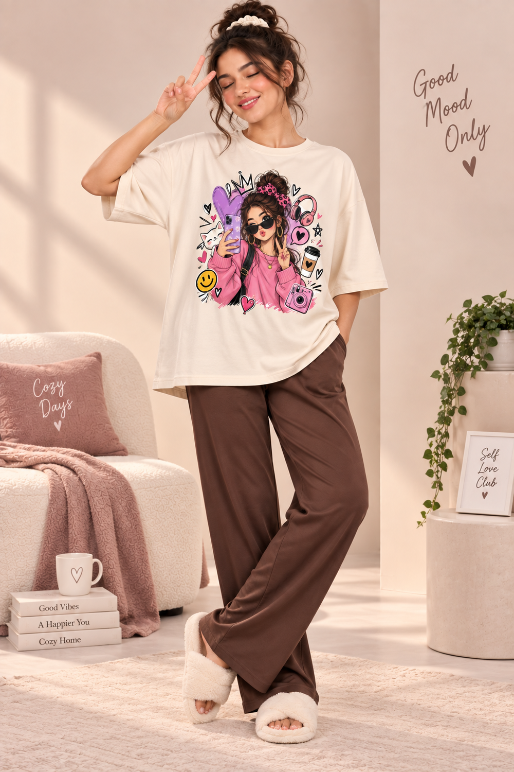 Karavya Women’s Cream Girl Vibes Graphic Oversized T-Shirt & Coffee Brown Pajama Nightwear Set