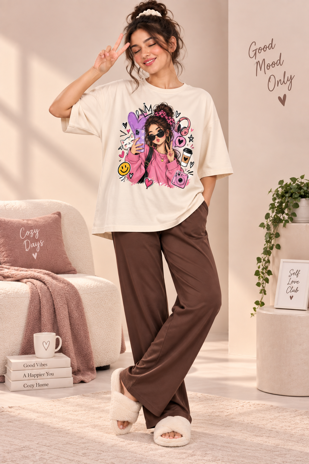 Karavya Women’s Cream Girl Vibes Graphic Oversized T-Shirt & Coffee Brown Pajama Nightwear Set