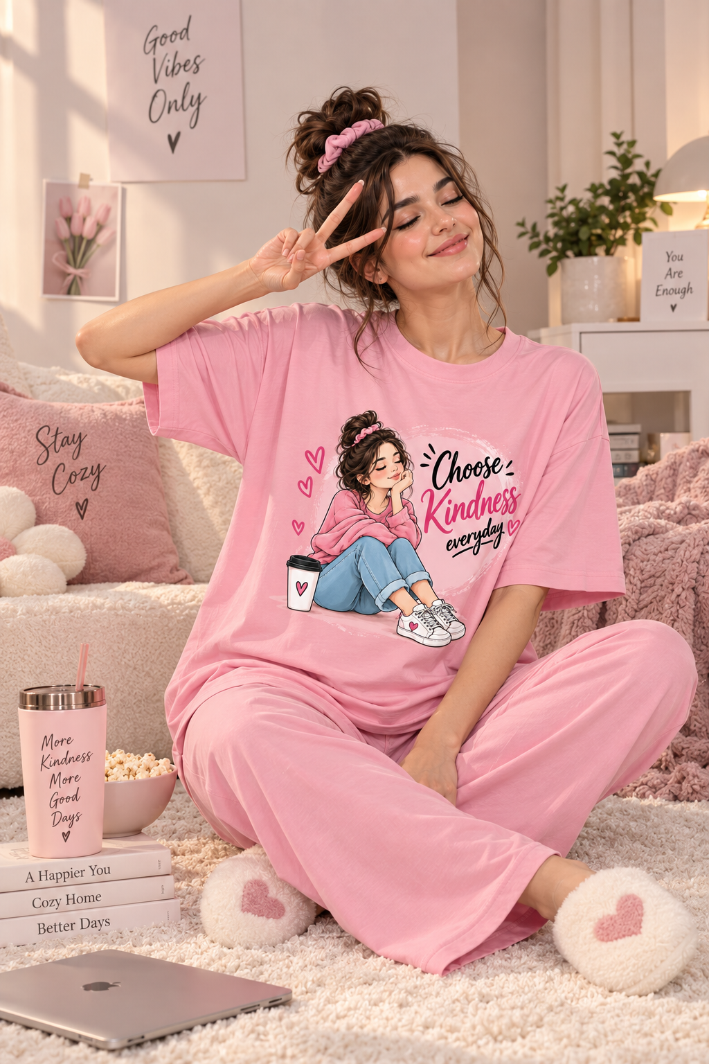Karavya Women’s Pink Choose Kindness Graphic Oversized T-Shirt & Pajama Nightwear Set