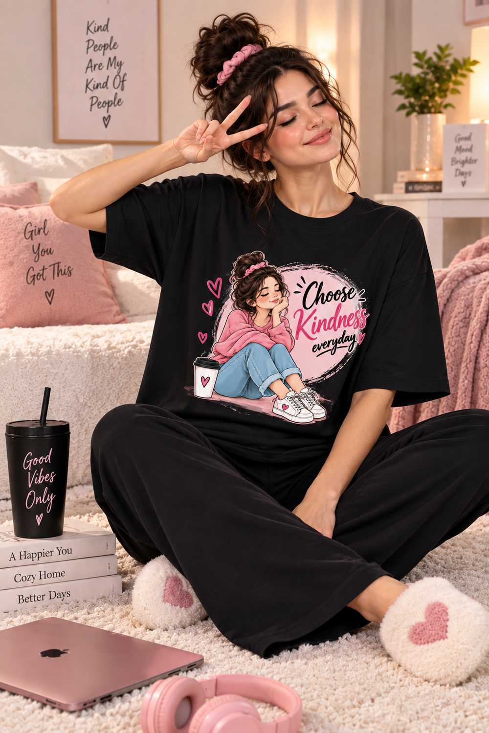 Karavya Women’s Black Choose Kindness Graphic Oversized T-Shirt & Pajama Nightwear Set