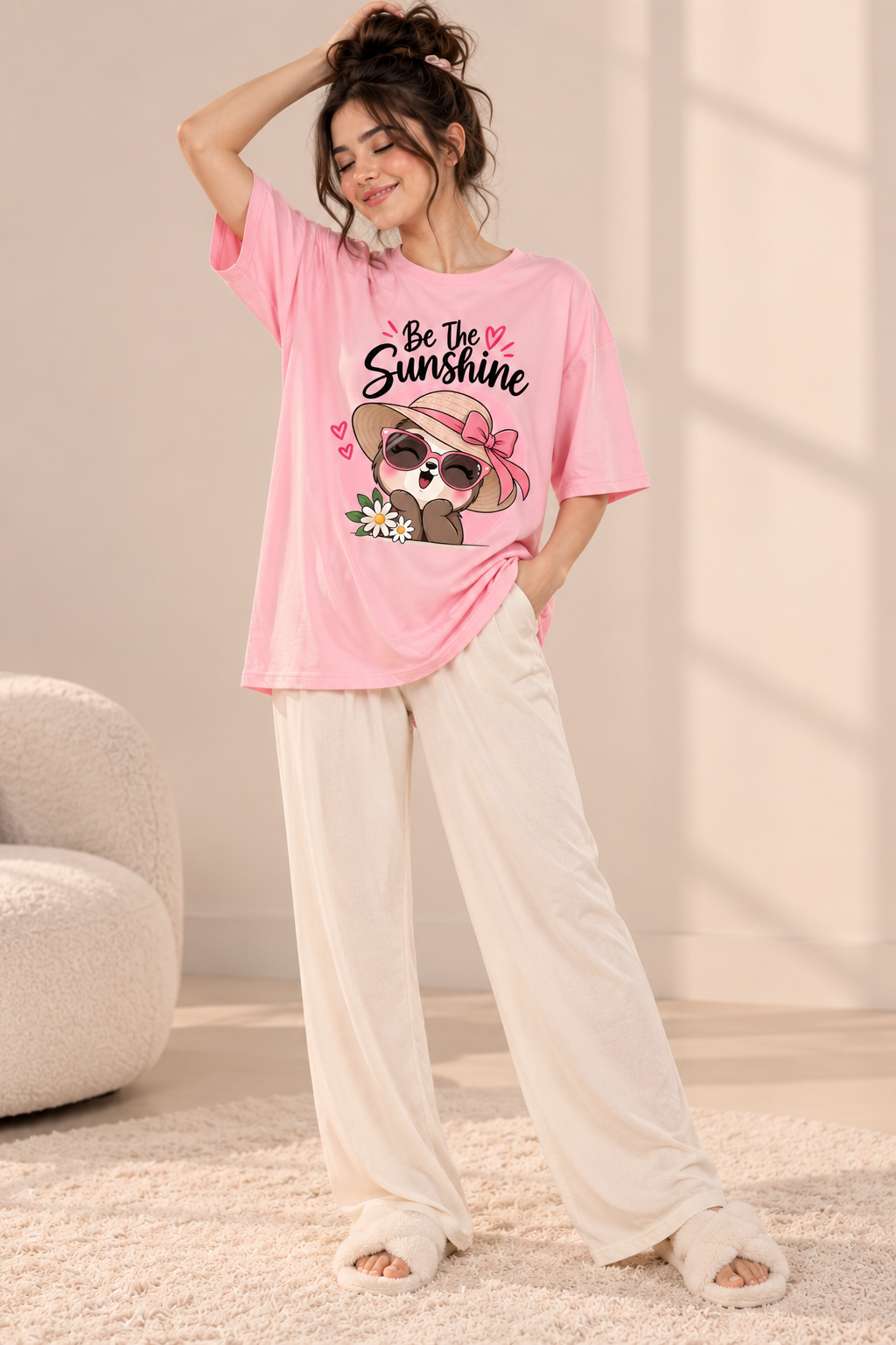 Karavya Women’s Sky Blue Graphic Printed T-Shirt & Cream Pajama Nightwear Set