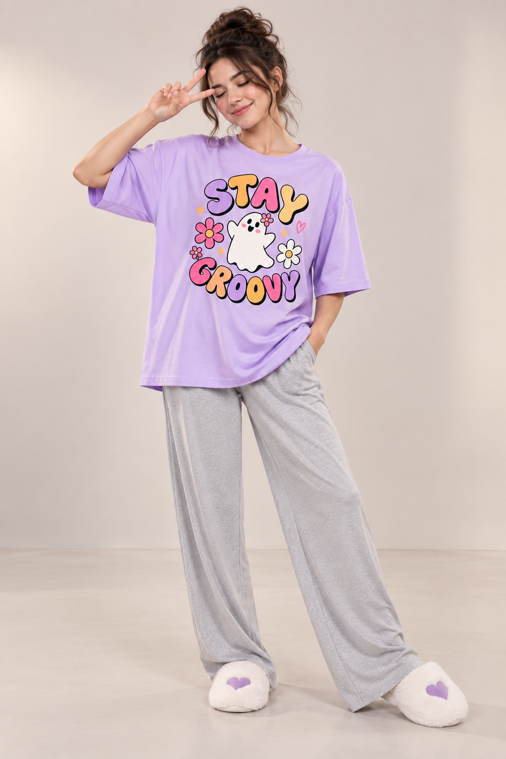 Karavya Women’s Lavender Stay Groovy Graphic Oversized T-Shirt & Grey Pajama Nightwear Set