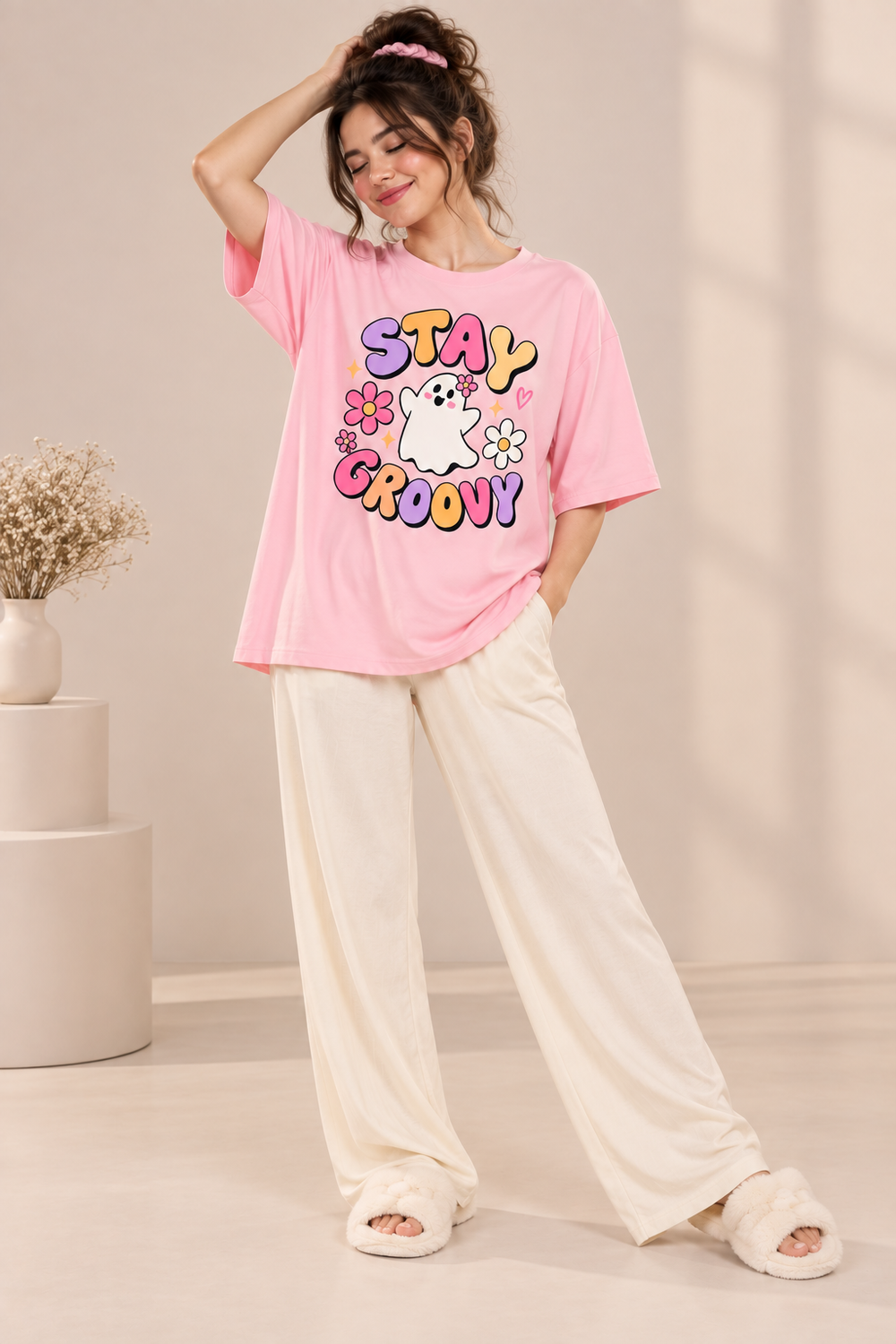 Karavya Women’s Pink Stay Groovy Graphic Oversized T-Shirt & Cream Pajama Nightwear Set
