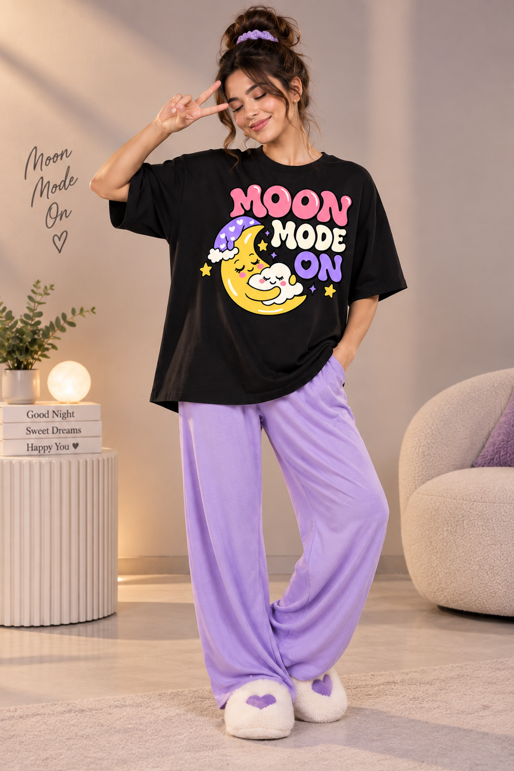 Karavya Women’s Moon Mode Graphic Oversized T-Shirt & Pajama Nightwear Set