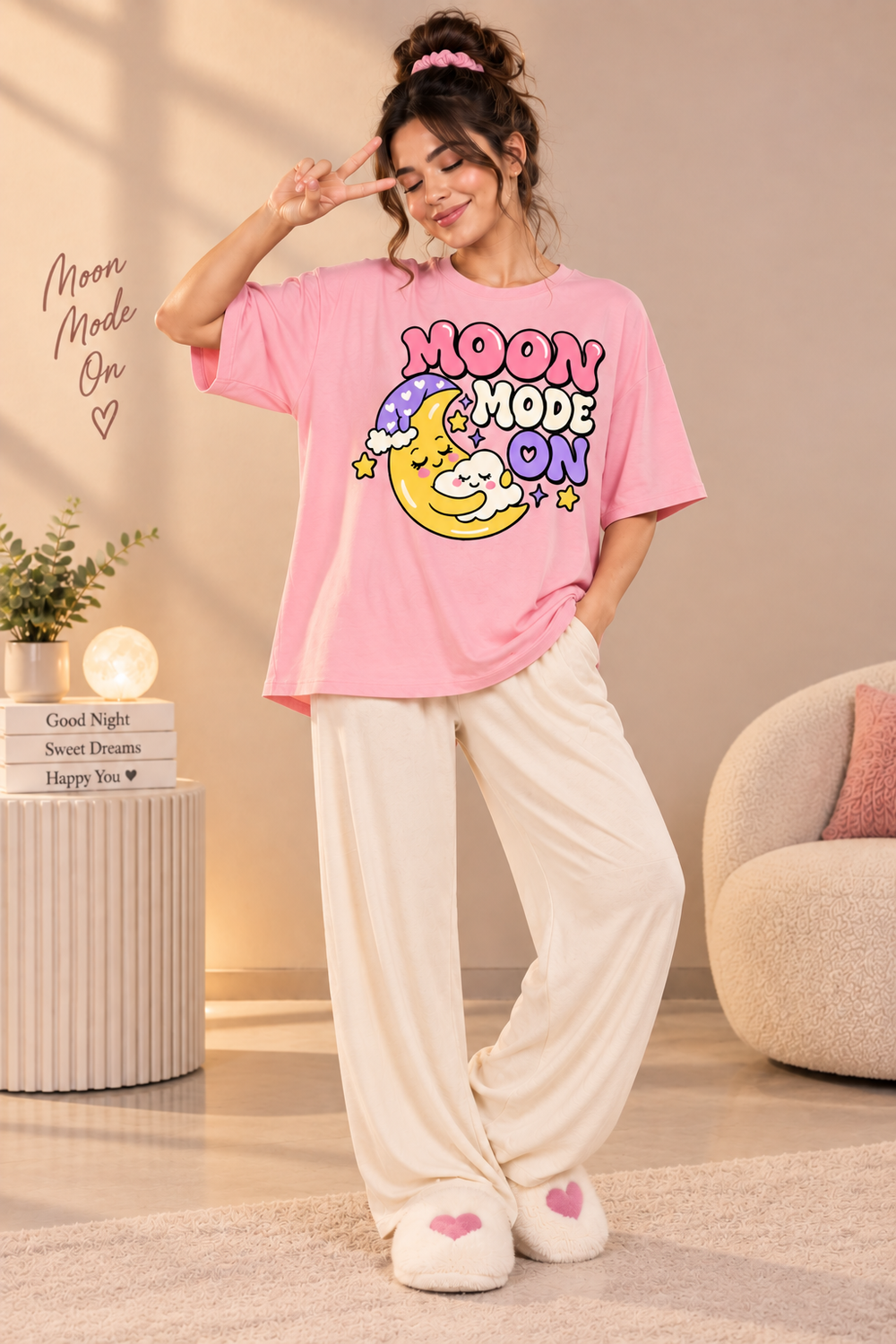 Karavya Women’s Moon Mode Graphic Oversized T-Shirt & Pajama Nightwear Set