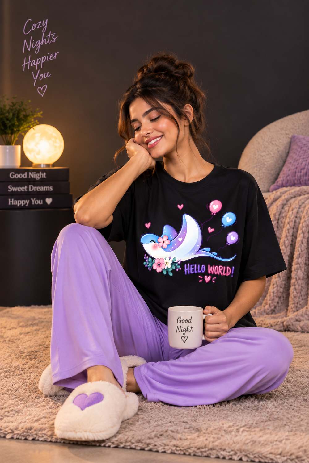 Karavya Women’s Hello World Moon Graphic Oversized T-Shirt & Pajama Nightwear Set