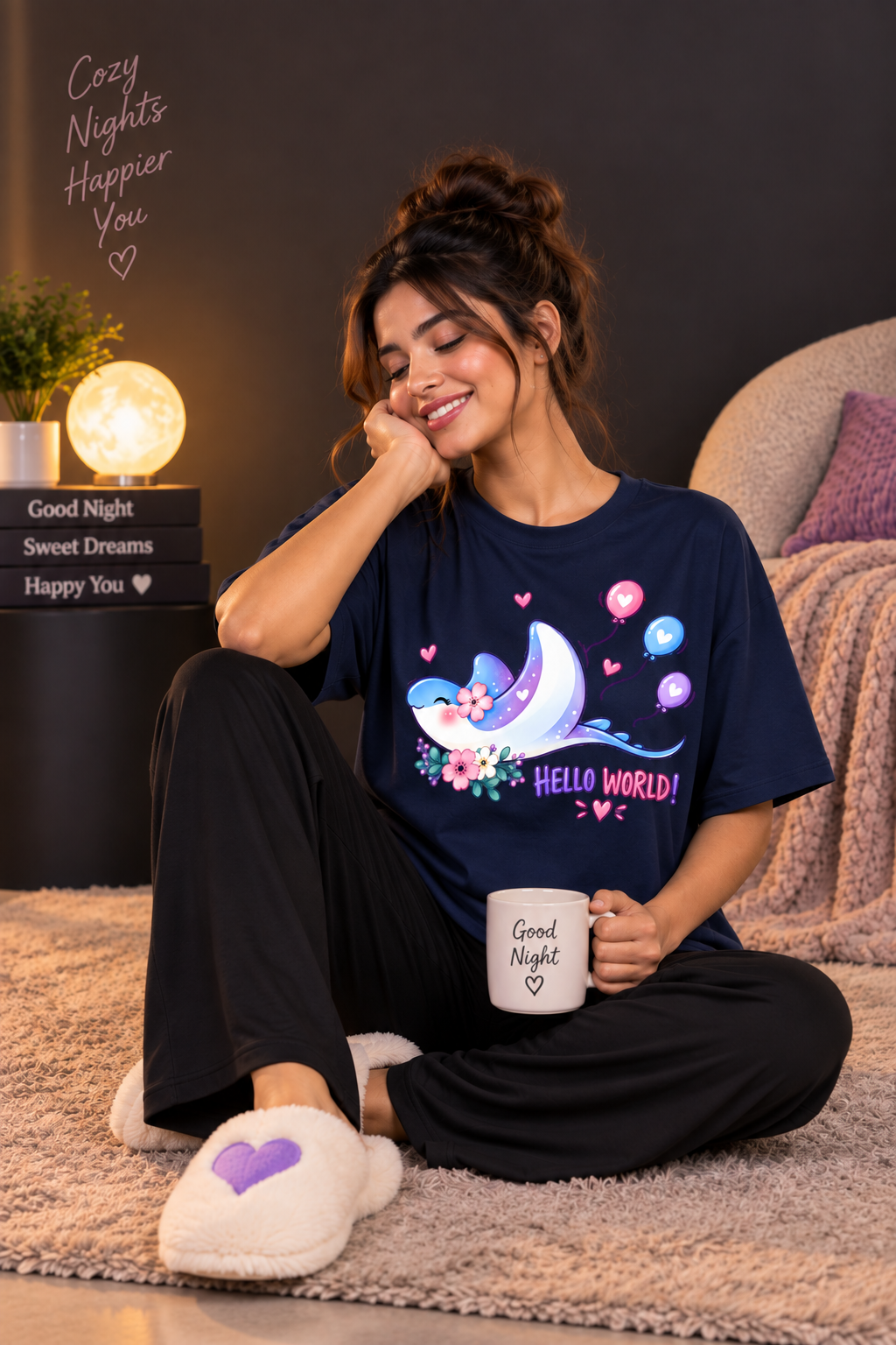 Karavya Women’s Hello World Moon Graphic Oversized T-Shirt & Pajama Nightwear Set