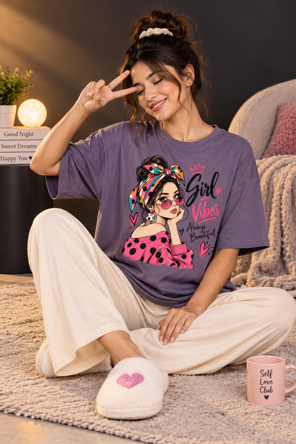 Karavya Women’s Girl Vibes Graphic Oversized T-Shirt & Pajama Nightwear Set