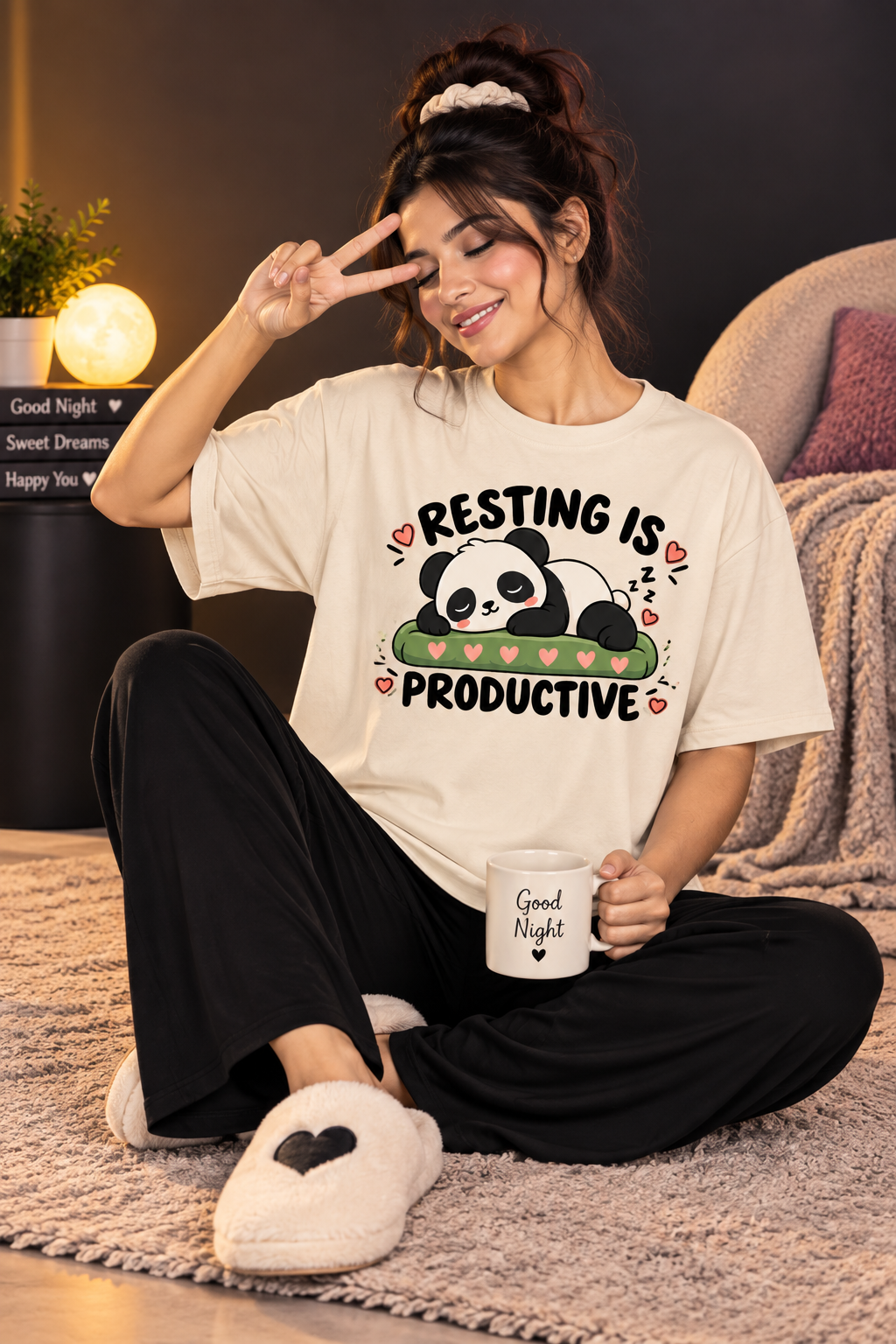Karavya Women’s Resting Panda Graphic Oversized T-Shirt & Pajama Nightwear Set