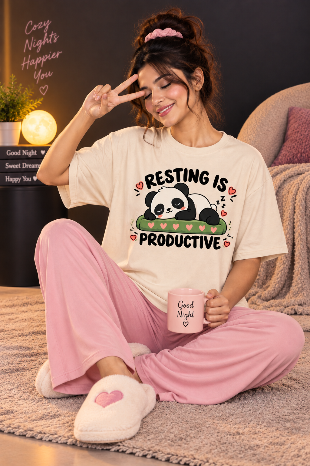 Karavya Women’s Resting Panda Graphic Oversized T-Shirt & Pajama Nightwear Set