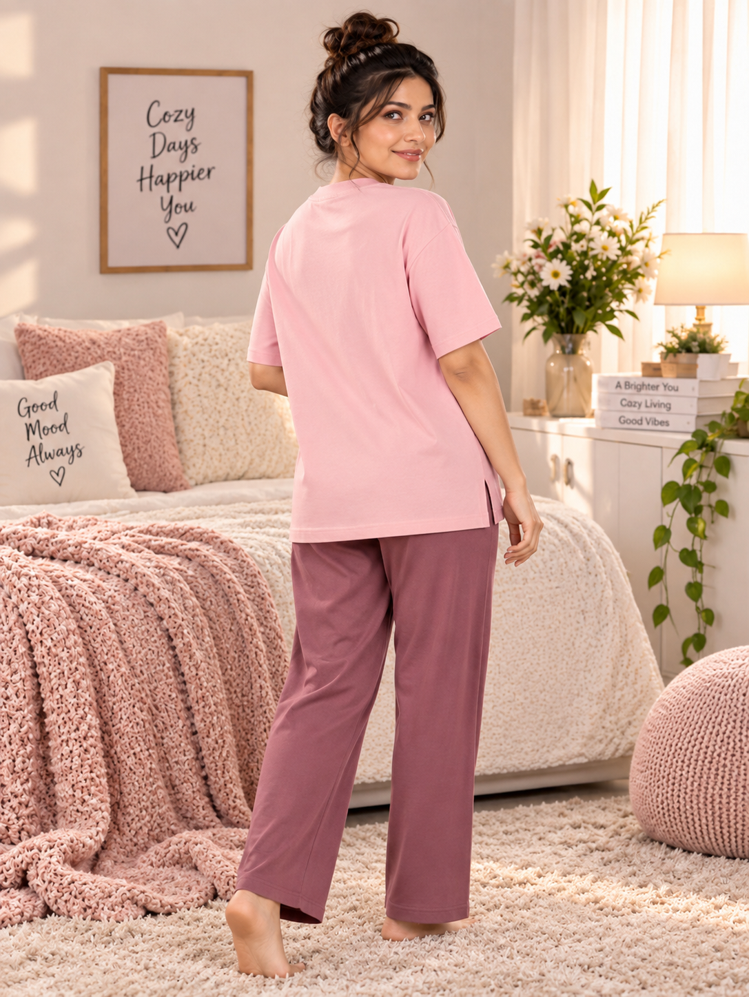 Karavya Women’s Choose Happiness Floral Graphic T-Shirt & Pajama Nightwear Set
